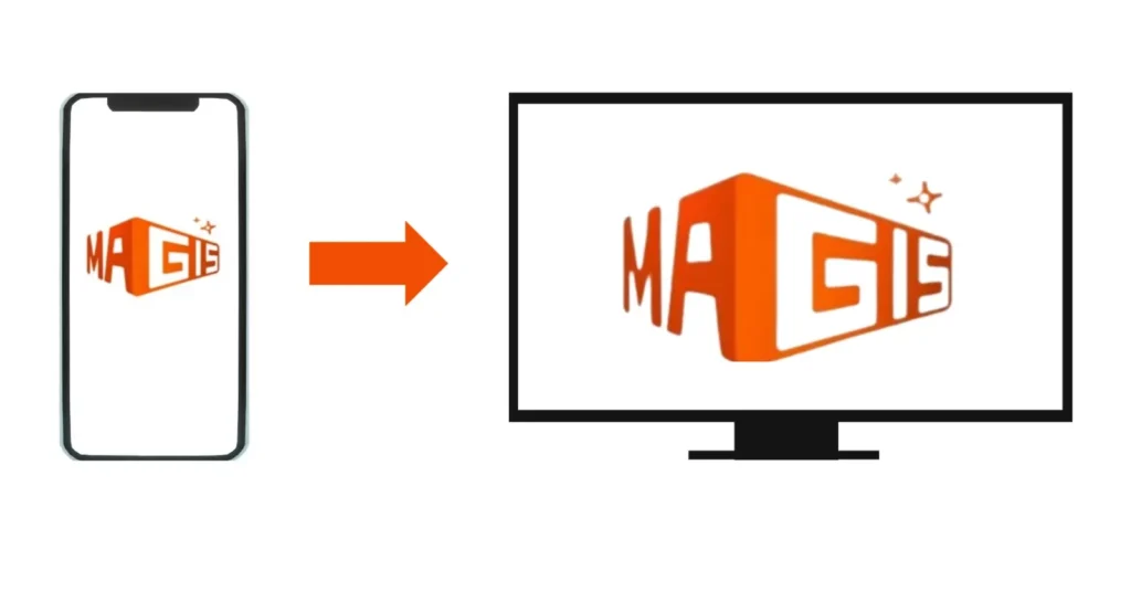 Illustration showing the MAGIS logo on a smartphone screen being cast or mirrored to a television screen.