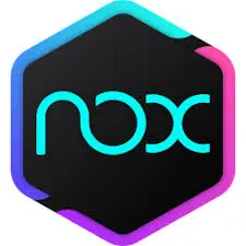 NoxPlayer logo with a hexagonal shape and neon gradient outline featuring the word 'nox' in a modern font.