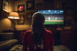 Person wearing a red jersey watching a baseball game on TV in a cozy, dimly lit living room.